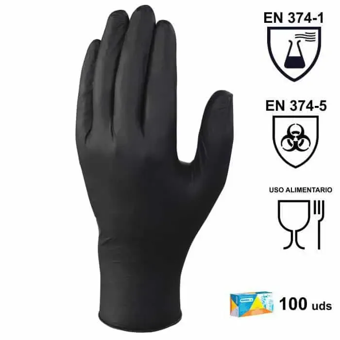 Guantes de nitrilo negros sin polvo V1450B – Caja 100 uds