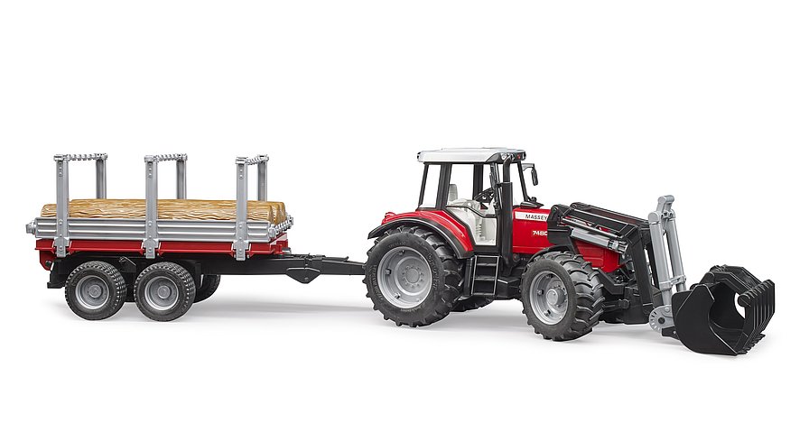 MASSEY FERGUSON 7480 CON CARGADOR FRONTAL, REMOLQUE + 3 TRONCOS BRUDER 02046 - Imagen 5