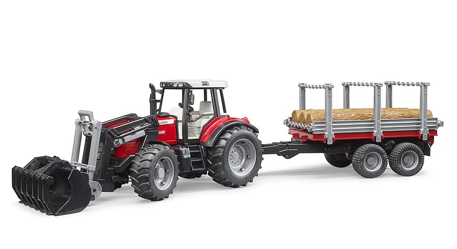 MASSEY FERGUSON 7480 CON CARGADOR FRONTAL, REMOLQUE + 3 TRONCOS BRUDER 02046 - Imagen 6